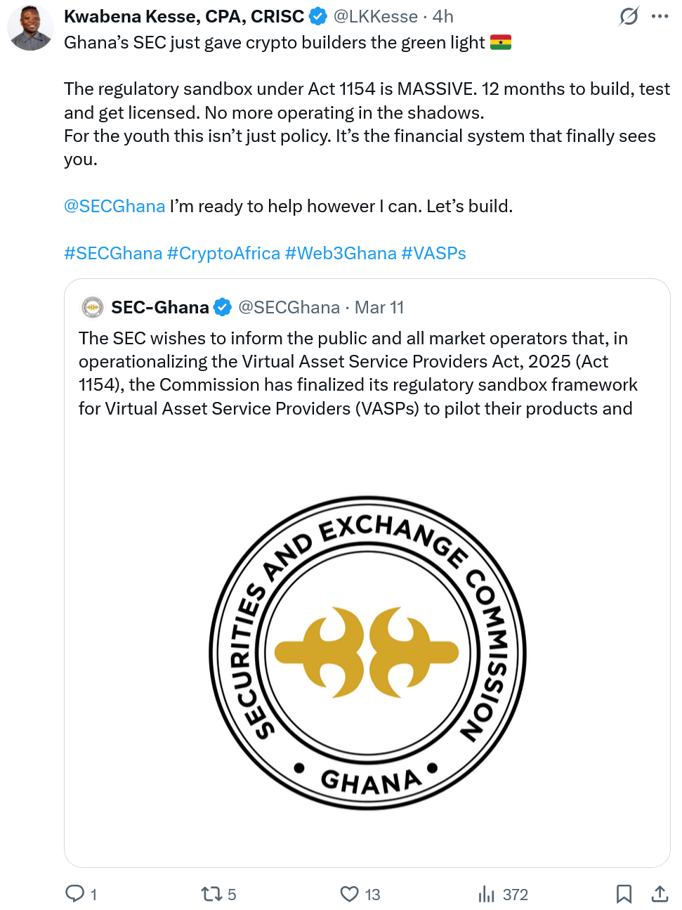 加纳批准11家加密平台进入监管沙盒 拓展非洲数字金融布局