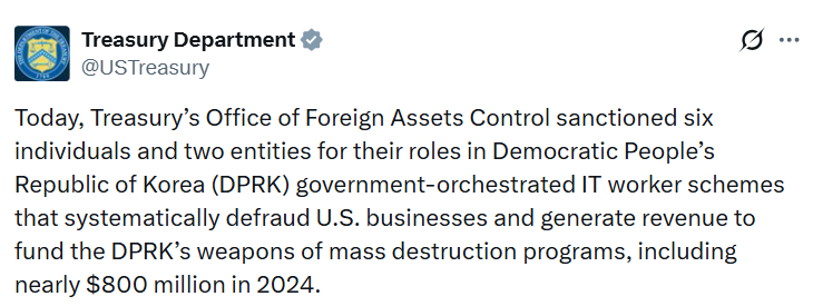 美国制裁朝鲜关联IT欺诈网络 涉及多链加密资金流动
