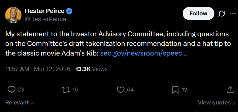 皮尔斯呼吁监管克制：简化披露推动证券代币化发展