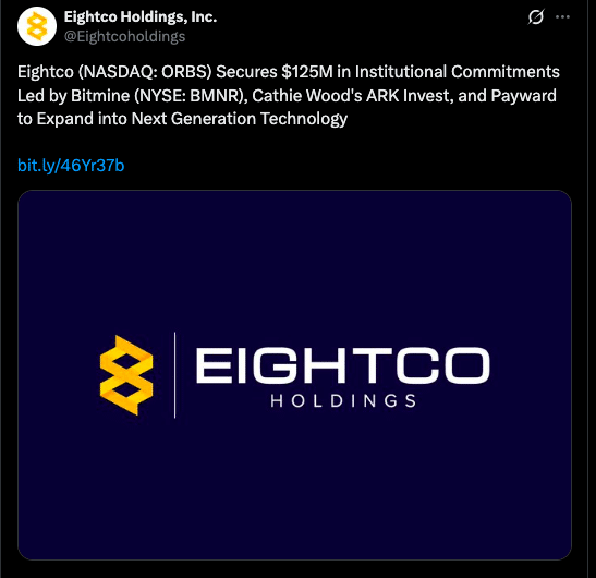 Eightco获1.25亿美元机构投资 布局AI与创作者经济