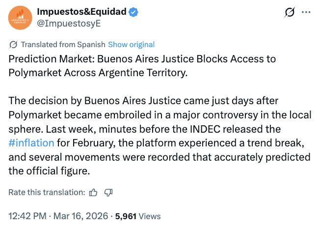 阿根廷封禁Polymarket：预测市场遭全国性打压