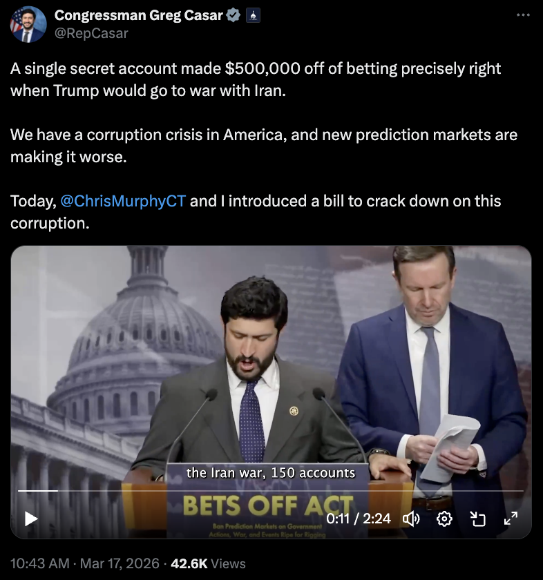 美议员拟禁战事预测投注，剑指内幕交易乱象