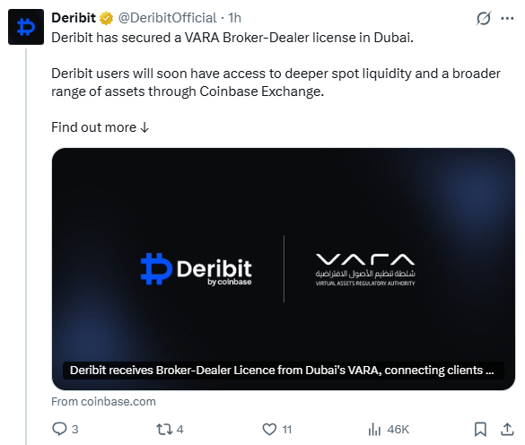 Deribit获得迪拜VARA牌照