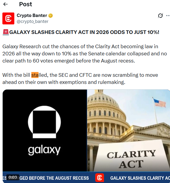 《CLARITY法案》通过概率降至10%：参议院关键日程成悬念