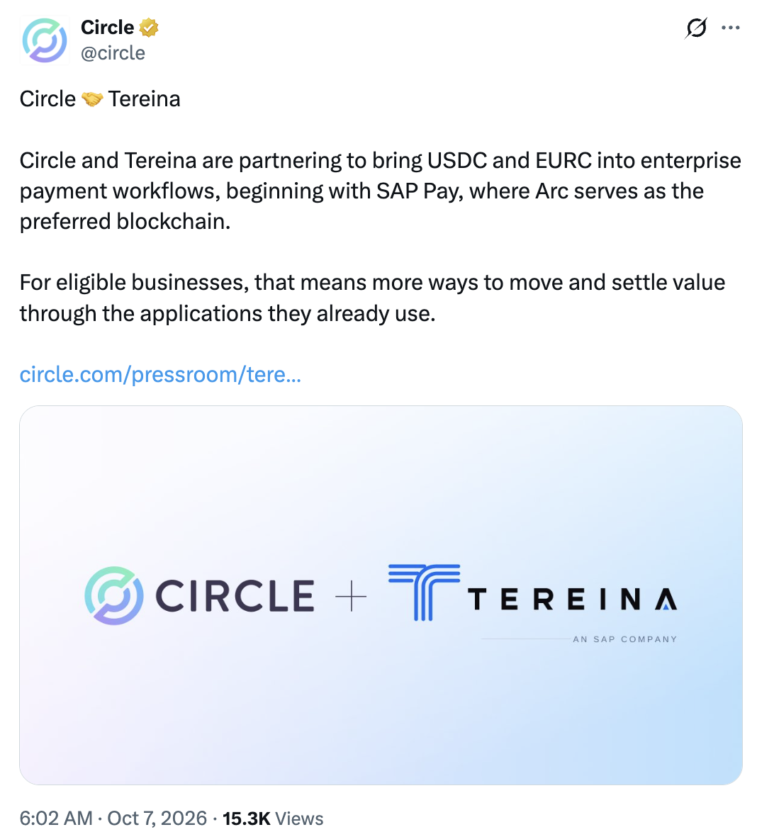 Circle通过Tereina为SAP客户提供USDC和EURC支付服务